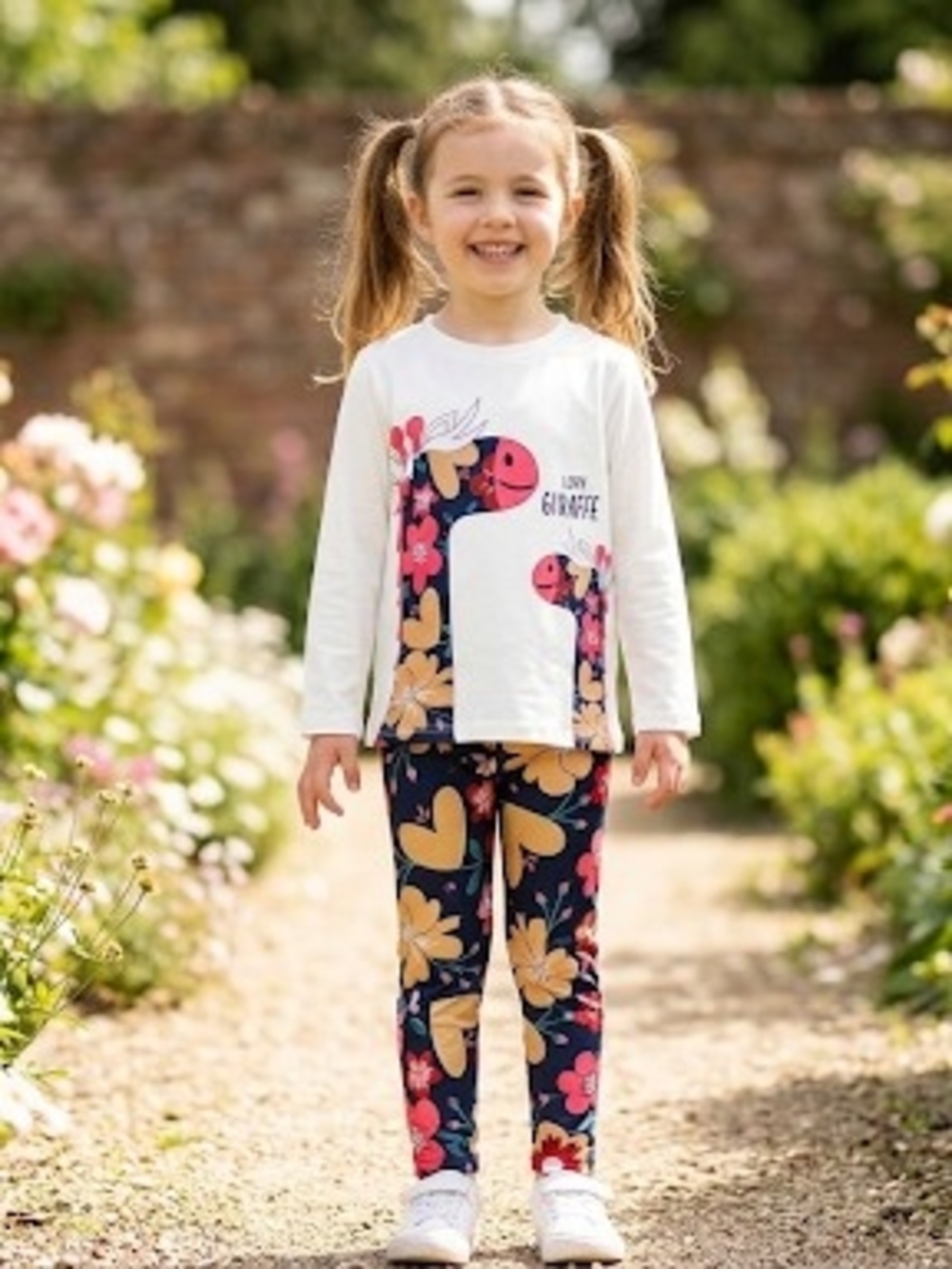 Kids Floral Giraffe Matching Set - White Top & Floral Leggings